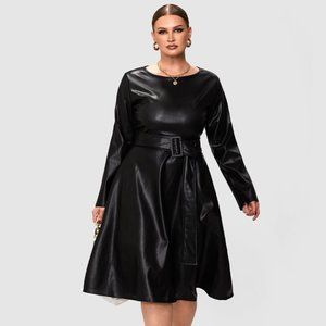 ❌SOLD❌ Leather-Look Belted Flare Dress